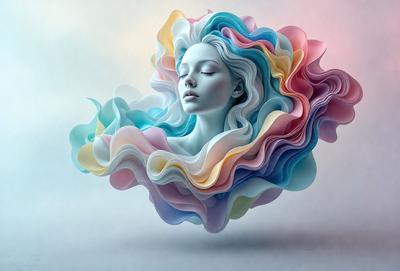 The primary subject of the image is a woman's face, which is the main focus of the image. The setting is a white background, and the visual style is digital art. The colors and mood of the image are predominantly pink, blue, and yellow, creating a warm and inviting atmosphere.